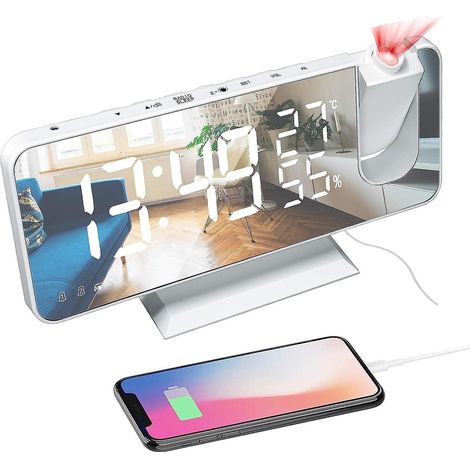 Réveil à projection, réveil numérique LED de chevet, alimenté par secteur, 2 alarmes, fonction snooze, miroir. (1/5)