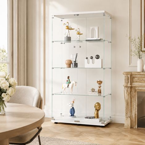 Vitrine en Verre avec Serrure de Sécurité, Vitrine Armoire 4 Étagères Double Portes, Meuble Vitrine Verre Trempé, Blanc