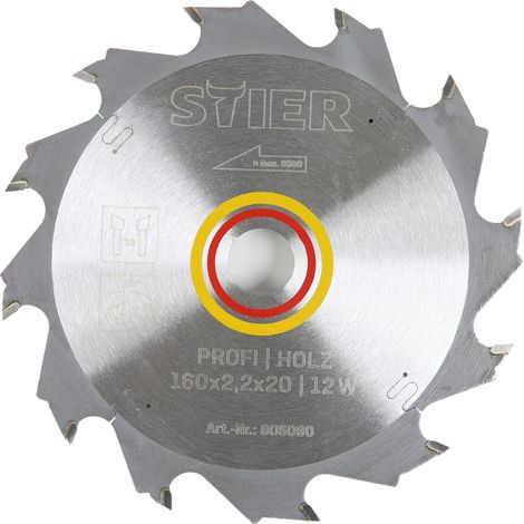 STIER Kreissägeblatt Profi Holz, 160 x 2,2 x 20mm, 20° Spanwinkel, 12 gehärtete Zähne, Wechselzahn