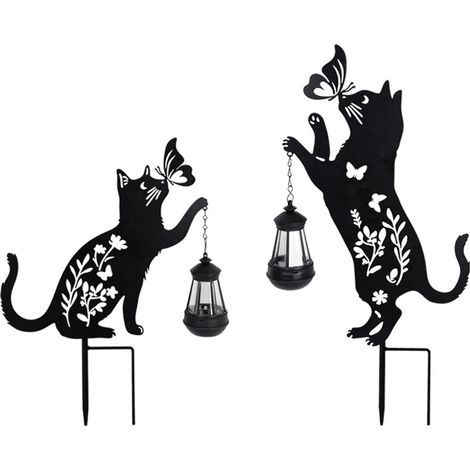 Farol solar decorativo con silueta de gato negro metalizado para jardín - 2 pares (1/5)