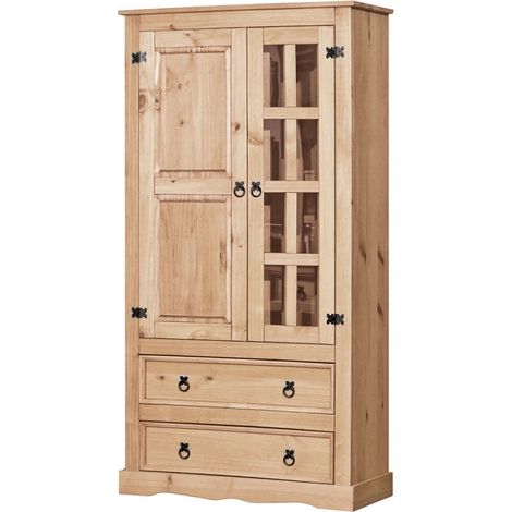 Vaisselier Vitrine en Pin Massif Rustique Coloris Miel Chaud 2 Portes 2 Tiroirs - PANGIVO (1/4)