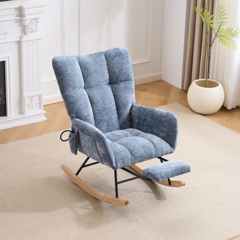 Fauteuil à bascule en chenille bleue avec repose-pieds, dossier haut et poche latérale HAVRYA (1/5)