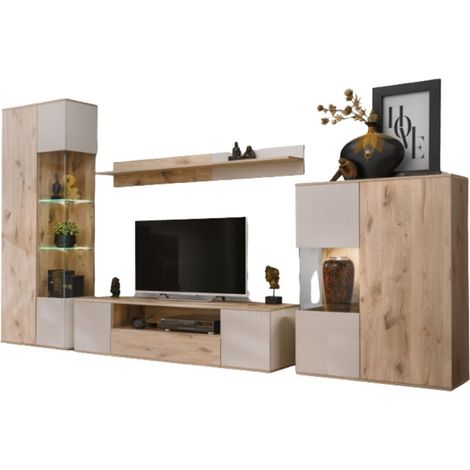 Set da salotto ERINA – Vetrina, mobile TV, mensola a muro e credenza alta – Rovere chiaro e beige