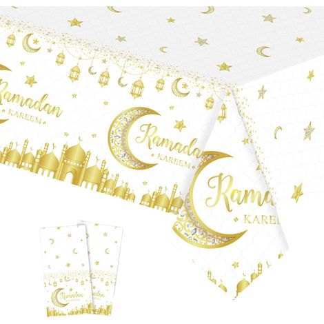 137 274cm Nappe Plastique pour Aïd el-Fitr,2 Pièces Or Blanc Lune Étoile Nappe de Table Anti Tache Rectangulaire Imperméables Extensible Décoration Table pour Fête de Aïd Ramadan Mubarak (1/5)