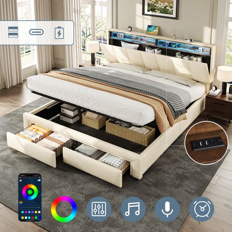 5ft King Upholstered Bed Frame with Hydraulic and Drawers Storage, LED Adjustable Headboard with Charging Station and Concealed Headboard Storage, Linen, No Box Spring Needed, Beige (No Mattress)