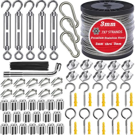 1/8" Stainless Steel Cable, 100ft Heavy Duty Wire Tensioner Kit, 7x7 Strand Construction, 3/32" Overmolded to 1/8" Airplane Cable for Outdoor String Lights (1/5)