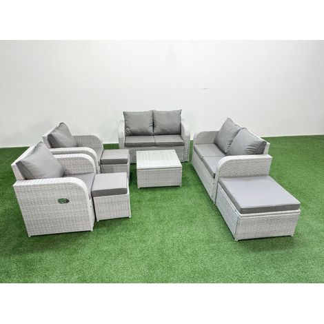 Fimous 9 Seater Outdoor Reclining Chair Love Sofa Set Rattan Garden Furniture Set with Square Coffee Table 3 Stools Light Grey (1/4)