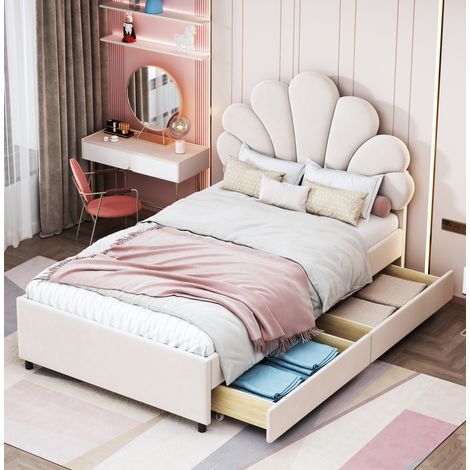 Letto imbottito moderno 90x200 cm in velluto beige, con testiera floreale, 2 cassetti e rete a doghe