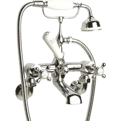Old London Topaz White Crosshead Wall Mounted Chrome Bath Shower Mixer Tap and Shower Kit with Hex Collar - BC304HXWM (1/2)
