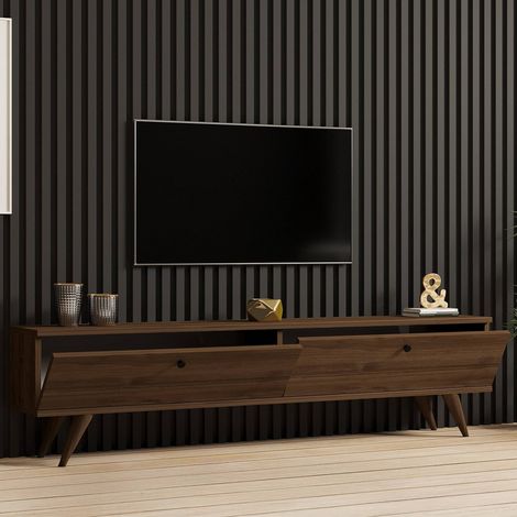 Mueble TV Atestino, 2 compartimentos, 2 puertas, apertura abatible, 160x25x40h cm, color marrón nogal (1/5)