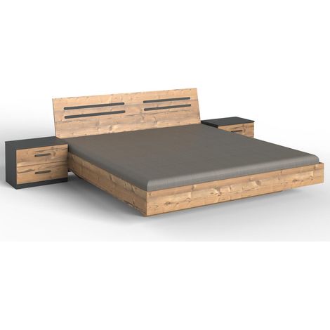 Lit adulte double 160 x 200 + 2 chevets coloris effet bois - Longueur 169 x Profondeur 210 x Hauteur 81 cm -PEGANE-