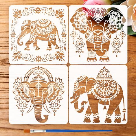4Pièces Pochoirs Mandala Boho Éléphant Avec Un Pinceau 25x25cm Pochoirs Peinture Style Indien Bohémien Pochoir Art Mandala Éléphant Thème Animal Modèle PET pour Bois Sol Carrelage DIY (1/5)