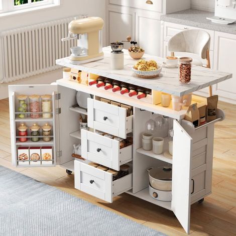 Îlot de cuisine - Avec plan de travail rabattable et roulettes - Plateau extensible - Bande LED télécommandée - Casier à bouteilles
