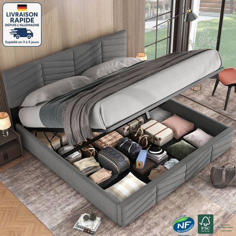 Lit coffre, tête de lit réglable en hauteur, lit adulte, velours, sans matelas, lit double, gris, 180x200cm (1/5)