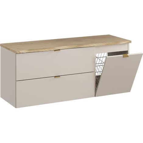 Meuble sous vasque suspendu DALIA Cachemire avec panier à linge et plan en chêne naturel 120 cm-Largeur 120 cm (1/5)