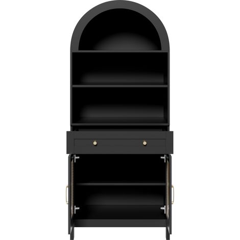 Armario vitrina curvo con puertas de ratán negro y efecto madera 70 x 40 x 170 cm (1/5)