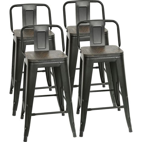 Lot de 4 Chaises de Bar, Tabourets Moyens Style Industriel avec Petit Dossier en Métal Noir et Assise en Bois Couleur Rétro (1/5)