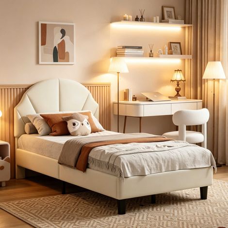 Cama infantil 90x200 cm – Cabecero regulable en altura – Cabecero tapizado – Somier de láminas reforzado – Base de láminas – Terciopelo beige (1/5)