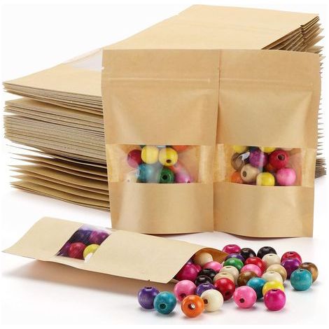 100PCS Sacs alimentaires en papier kraft, sachets refermables, sacs hermétiques, sacs d'emballage alimentaire en papier avec fenêtre transparente pour noix, grains de café, 9x14CM