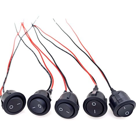 5 pièces AC 6 A 250 V 10 A 125 V SPST 2 broches Interrupteur à bascule marche/arrêt KCD1, bouton d'alimentation rond marche/arrêt pour voiture, bateau, moto, caravane, avec fils pré-soudés 20 cm (1/5)