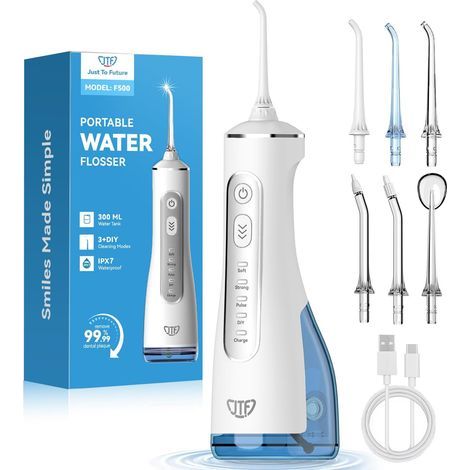 JTF Munddusche Kabellos Elektrische 300ML Wassertank, 10 Stufen Stufenlose Modi Testsieger 2026, IPX8 Tragbar Zahnreiniger Waterflosser & 6 Düsen für Oral Health Enthusiasten Tägliche Pflege(Weiß) (1/5)