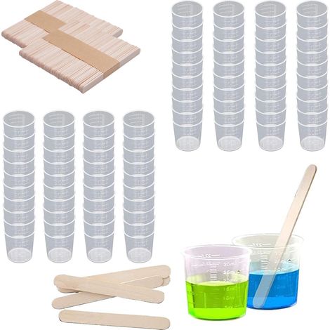 Lot de 100 Gobelets Doseurs en Plastique de 30 ml, Avec 100 Agitateurs Pour Mélanger Les Couleurs Epoxy Résine Laboratoire Cuisine Peinture(Blanc) (1/5)