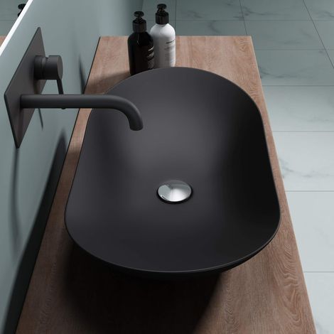 doporro Lavabo da Appoggio Ovale in Ceramica Nero Opaco 63 cm, Lavandino Bagno Moderno Effetto Loto, Senza Foro Rubinetto - Brüssel858 (1/5)