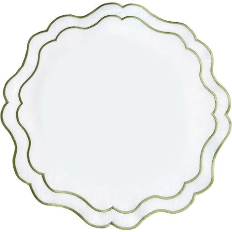 Set de table rond en tissu, lavable, à motif floral, brodé et bord festonné, vert, idéal pour les repas, les fêtes et les mariages.
