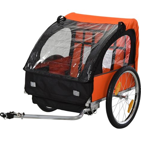 Rimorchio Carrello per Bicicletta porta Bambini 2 Posti in Acciaio e Tessuto  Arancione e Nero (1/5)