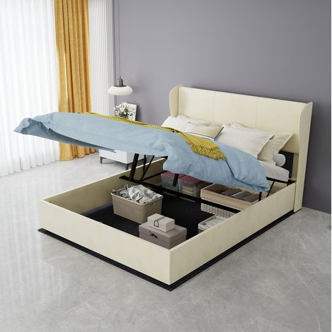 lit adulte chambre 140x200 tissu beige élégant OKMYHOME (1/5)
