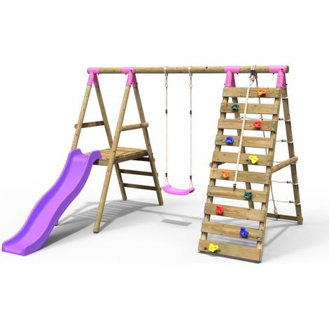 Rebo Wooden Swing Set with Deck and Slide plus Up and Over Climbing Wall - Amber Pink