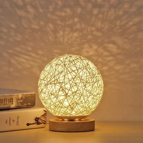 Lampe De Table - Abat-jour Sphérique En Rotin - Base En Bois - Éclairage LED Chaleureux - Pour Chevet Bureau Intérieur - 1 Pièce (1/5)