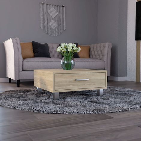 Tuhome Concept – Table basse fixe Beijing – Tiroir 12,7 cm H x 35,8 cm P x 50 cm L – Dimensions 26,3 cm H x 60 cm L x 60 cm P – Mélanine couleur miel (1/4)
