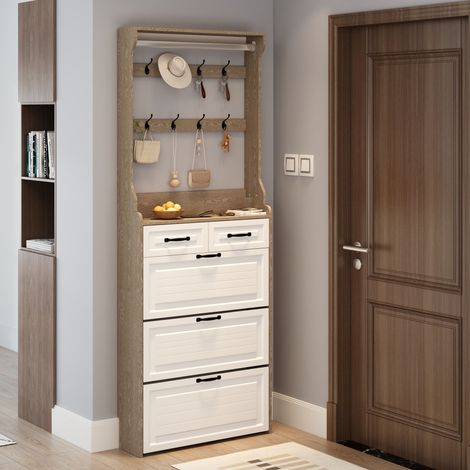 Scarpiera in pannelli di particelle bianco rovere, 3 ante a ribalta e 2 cassetti, salvaspazio