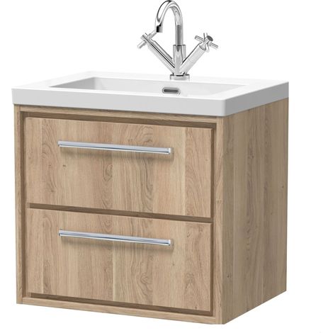 Longnor 2 Drawer Wall Hung Vanity Unit with 1 Tap Hole Modern Fireclay Basin, Light Oak, 600mm