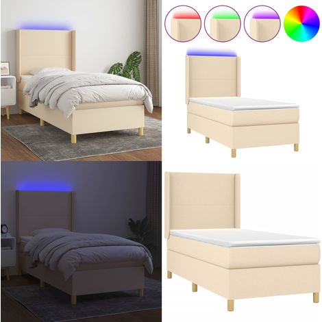 Cama box spring colchón y luces LED tela color crema 90x190 cm - Colchón con luces LED - Cama con luz LED