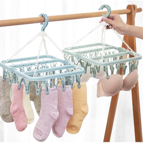 Porte-serviette pliable avec 32 pinces à linge, séchoir pour chaussettes, sous-vêtements et écharpes (bleu) (1/5)