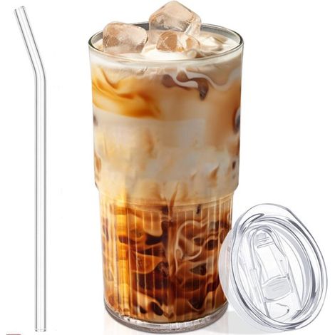 Glasbecher mit Deckel und Strohhalm 600 ml Wiederverwendbarer Becher aus dickem bruchsicherem Glas geeignet für Eiskaffee Smoothies Cocktails und (1/5)