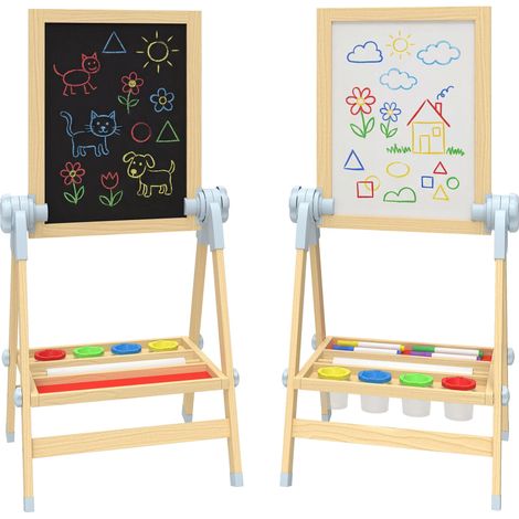 Chevalet pour enfants avec double tableau pour craie et feutres, tableau magnétique et rouleau de papier, en bois (1/5)