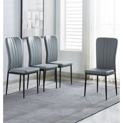 Hallowood Furniture Cullompton Dining Chairs Set of 4, Upholstered Light Grey Faux Leather Dining Chairs with Solid Back and Sturdy Black Metal Legs for Home, Office and Cafe (1/5)