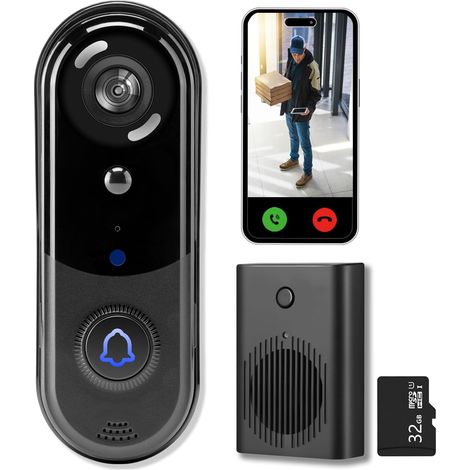 Kabellose Türklingel mit 2K-Kamera, keine monatliche Gebühr, 32 GB SD-/Cloud-Speicher, Nachtsicht, Bewegungserkennung, Zwei-Wege-Audio, IP66, Echtzeit-Warnungen (1/5)