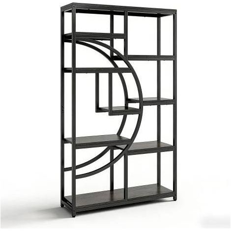 Étagère à livres indépendante en métal noir avec 9 compartiments et étagères effet bois, design géométrique moderne (1/5)