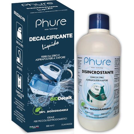 PHURE BIO DECALK Decalcificante Disincrostante Concentrato Universale ferri da stiro e aspirapolveri vapore, per piccoli elettrodomestici Compatibile con tutte le marche Biodegradabile 500ml (1/5)
