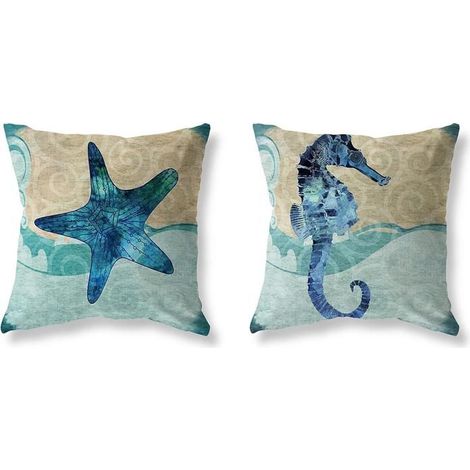Lot de 2 housses de coussin 45x45 cm, coton et lin, motif océan, fermeture éclair invisible, salon (1/5)