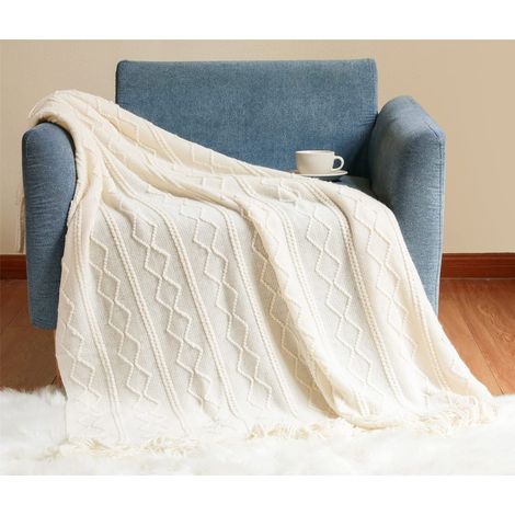 Couverture bohème, couverture douce en laine tricotée avec pompons, couverture douillette, jeté de canapé, plaid, beige (1/5)