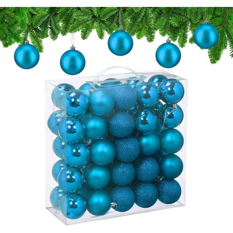 Relaxdays Weihnachtskugeln im 50er Set, Kunststoff, D: 6 cm, runde Weihnachtsbaumdeko, Baumschmuck bruchsicher, petrol