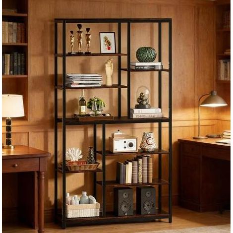 Libreria 100x30x200 cm nero e marrone rustico in metallo e pannello truciolare con ripiani sfalsati (1/5)