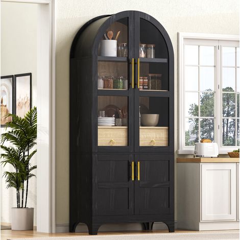 Hoher Küchenschrank 76 x 40 x 180 cm mit verstellbaren Böden und Riffelglas, Schwarz (1/5)
