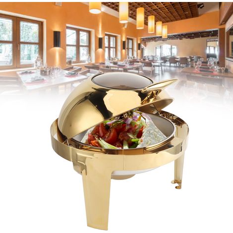Réchaud de buffet rond à pied droit et à chauffage à alcool visible, 6 litres, en acier inoxydable avec couvercle rabattable, pour restaurants d'hôtels, comprend un bol alimentaire rond. (1/5)