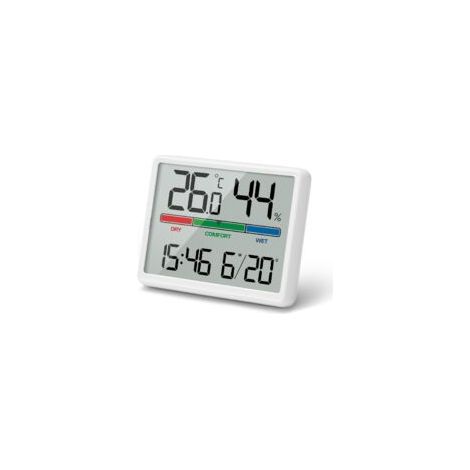 Sveglia digitale portatile LCD da 4,5" a batteria, mini orologio digitale con temperatura, umidità, data, sveglia, funzione snooze, sveglia digitale con igrometro e termometro per interni.